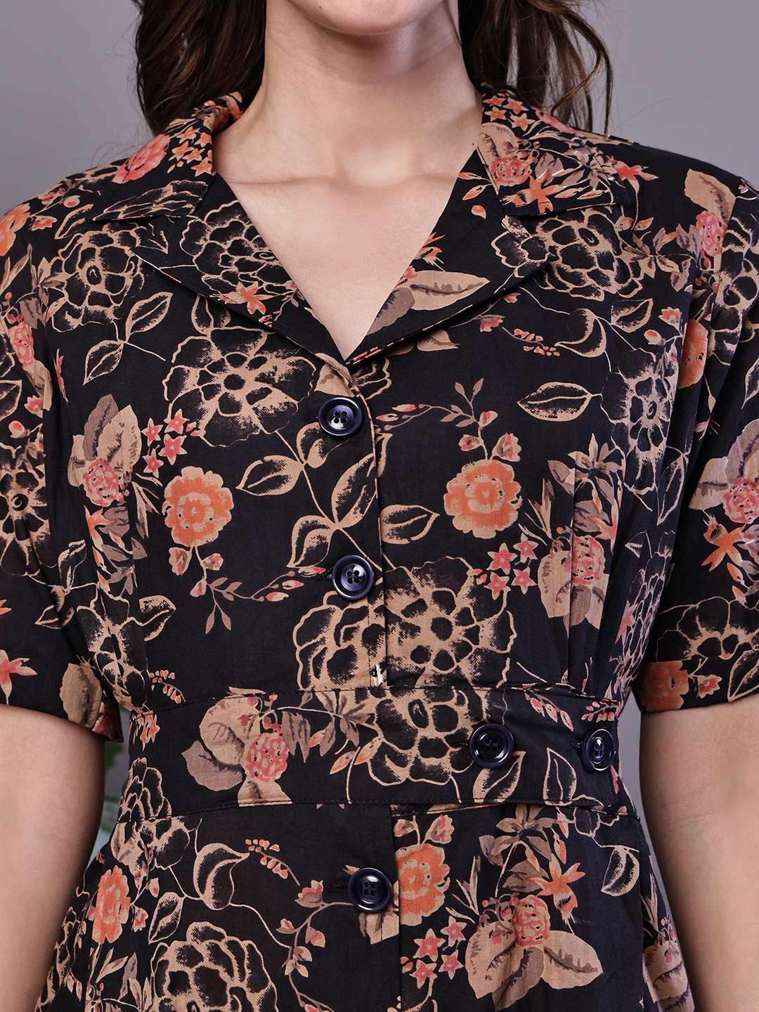 Women's Chic Black & Rust Floral Print Button-Front Midi Dress - Image 5